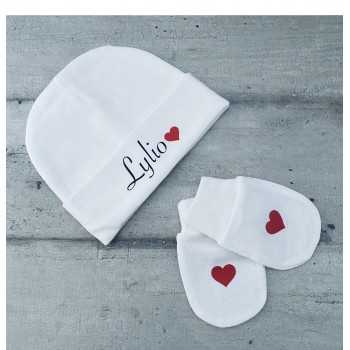 Ensemble bonnet et gant personnalisé bébé blanc