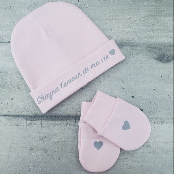 Ensemble bonnet et gant personnalisé bébé rose
